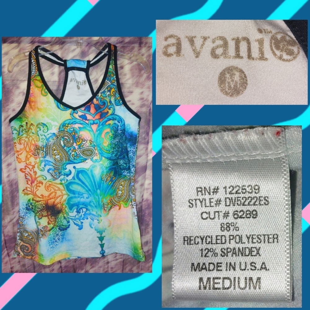 Avani White/Multicolor Paisley/Filigree Print Athletic Soft Knit Tank Top Sz Med